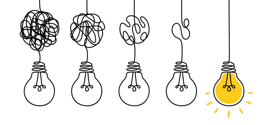 black and white Illustration of 5 hanging light bulbs, the first one's cord is a tangled mess, each subsequent one is slightly less tangled until the final one where the cord is straight and the bulb is a bright yellow.