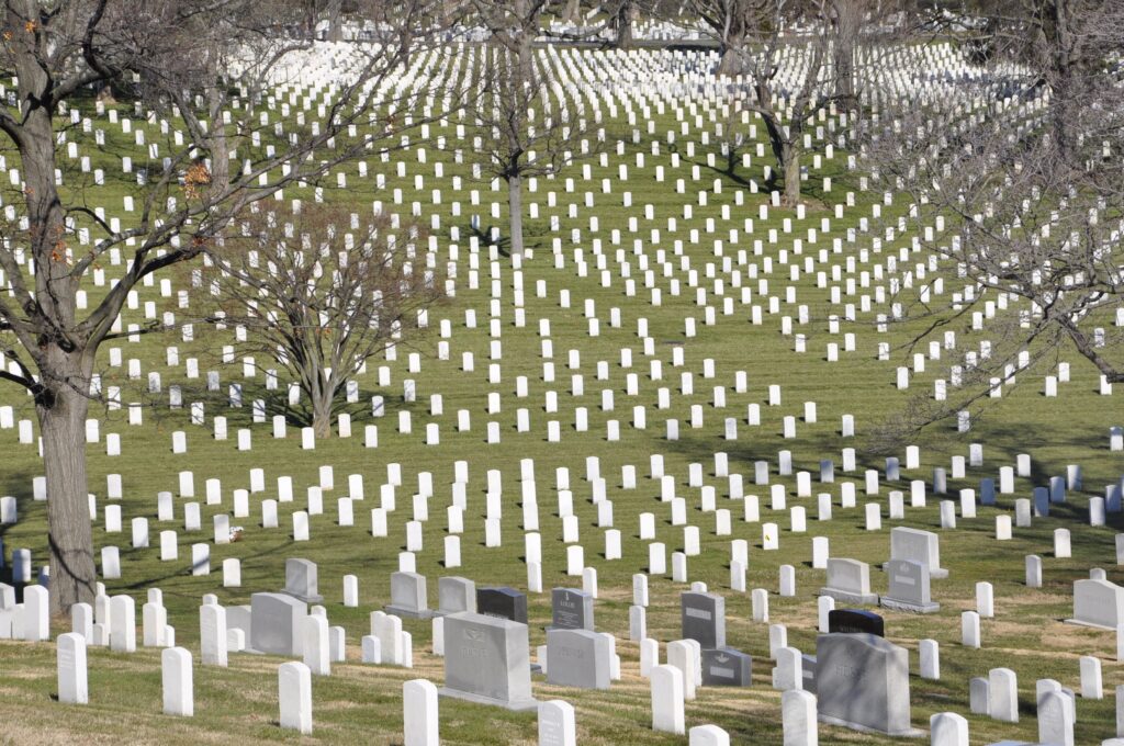 Photograph of Arlington Cemetery showing row after row after row of white gravestones across a tree studded rolling hill landscape