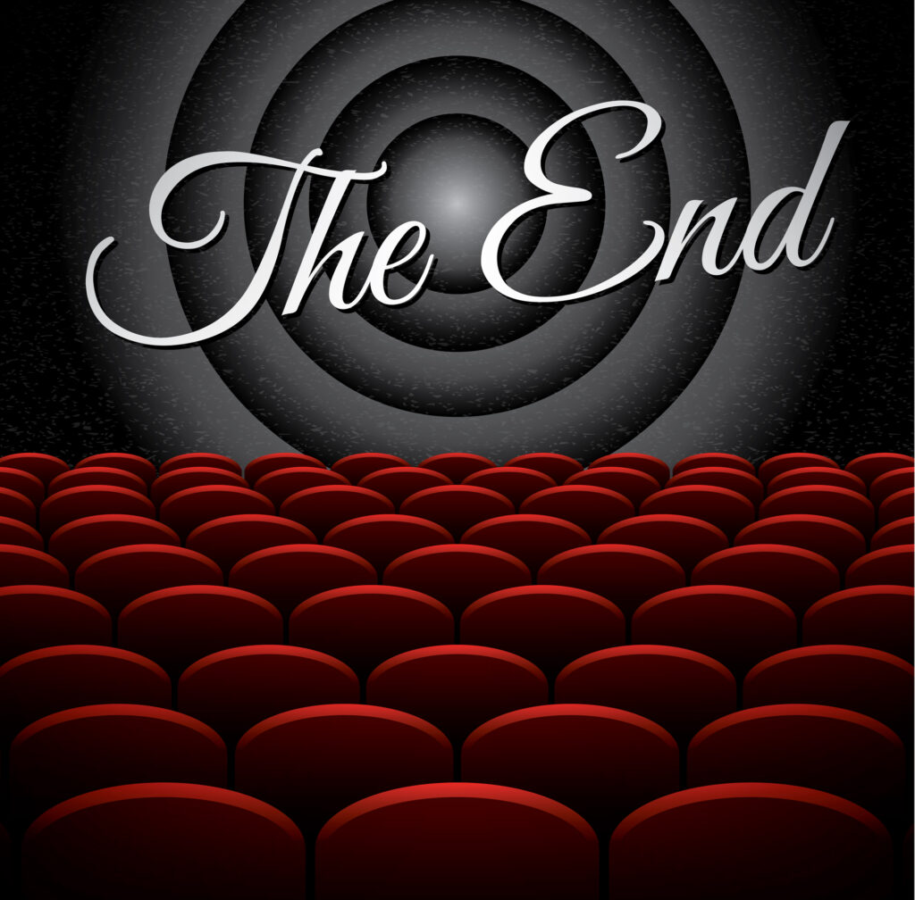 Illustration of theater seats in front of a curtain with the words the End across a circular pattern