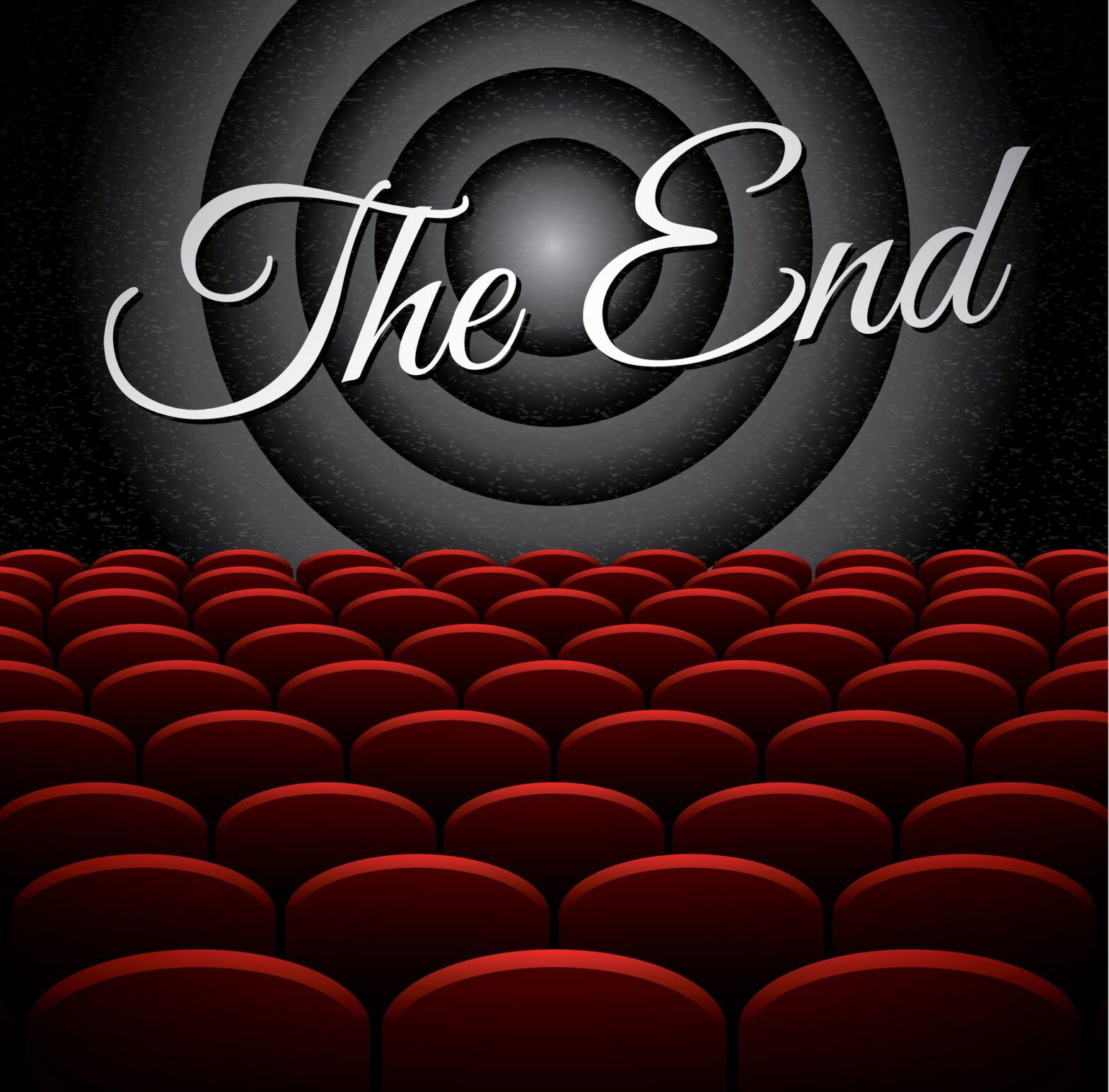 Illustration of theater seats in front of a curtain with the words the End across a circular pattern