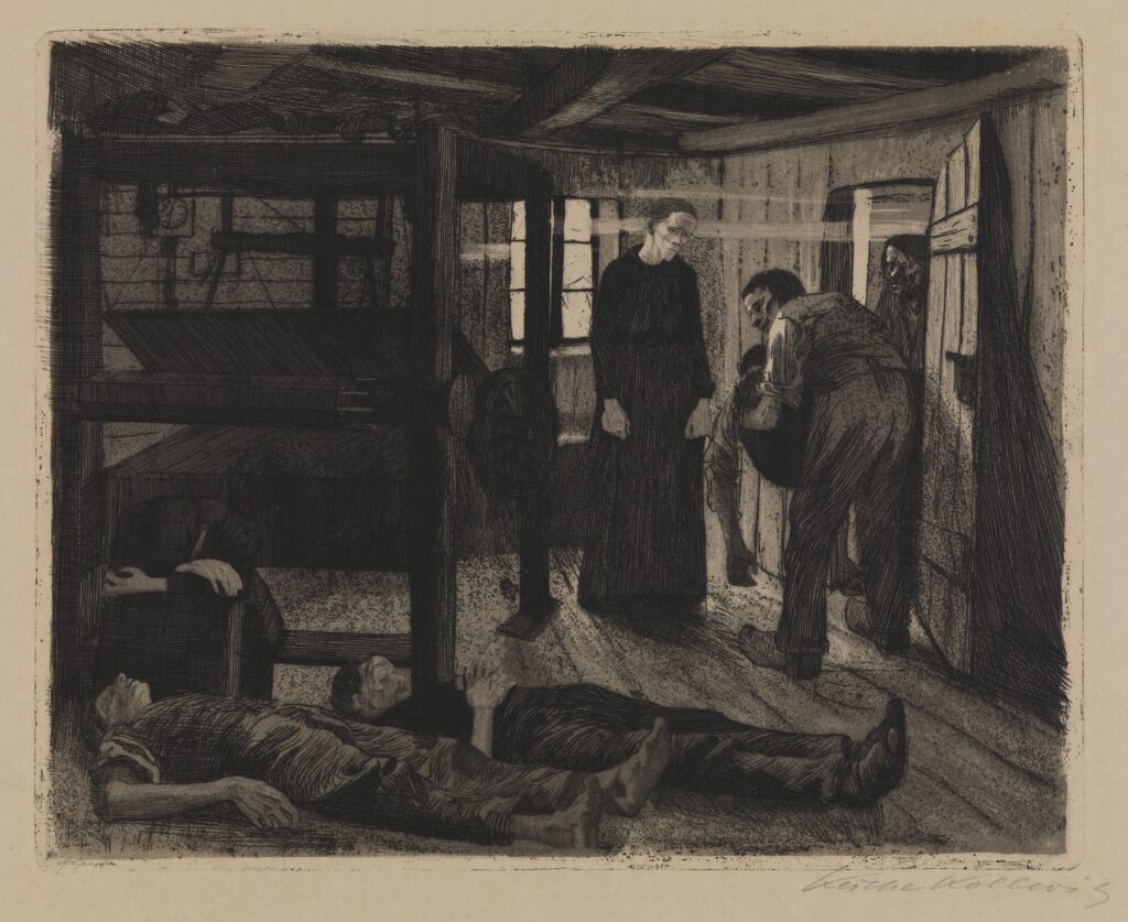 Photo of the black and white image of the etching "A revolt of Wearvers) showing a sorrowful woman watching a pair of men entering the doorway carrying a dead man, two other dead men lay on the floor in the foreground.