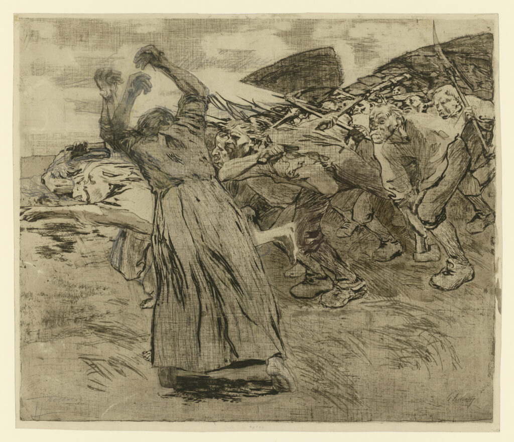 The image shows an image of the Peasants' War, it depicts a woman in the foreground with her back to us, running with her arms raised toward a impressionistic type representation of men charging past her with weapons in their hands