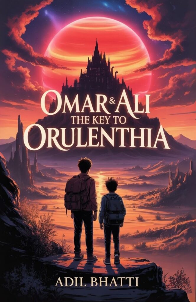 Cover of Omar and Ali shows an older and a younger boy, their backs to the camera, staring at a desolate path ahead of them. The path leads to a hill and on the hill a castle with many turrets silhouetted against a large red planet with yellow rings.