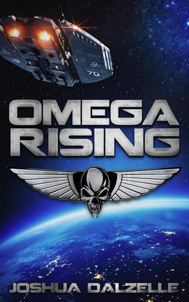 Cover of Omega rising Is an illustration of a space ship with twin engines firing coming from the upper left toward a blue planet on the bottom. The title is in a silver with black smudges above a silver and black emblem of a fanged skull centered over a pair of wings.
