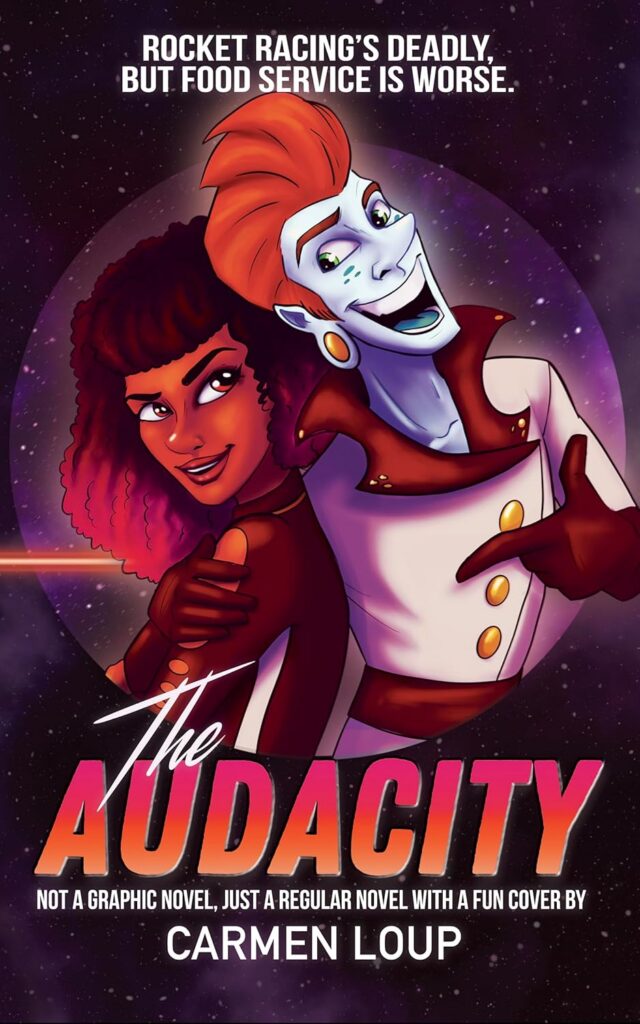 The cover of The Audacity is a cartoon style illustration of a pointy-eared alien with blue skin and red hair and a big open-mouthed smile with his arm around an attractive young woman the two of them appear to be in a spotlight. that reveals a starry outer space background