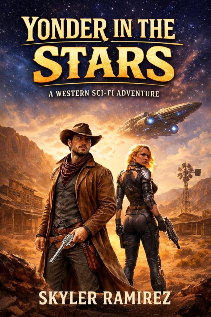 The cover of Yonder in the Stars has the title in yellow western font at teh top with "a western sci-fi adventure" beneath the title. On the bottom third of the cover is an image of a cowboy standing in the middle of an old west "desert" town complete with a windmill and rugged mountains beyond the town. The cowboy stands, holding his pistol, looking over his left shoulder at a woman in "space gear" holding a space pistol, looking over her right shouler at the cowboy. A spaceship flies overhead.