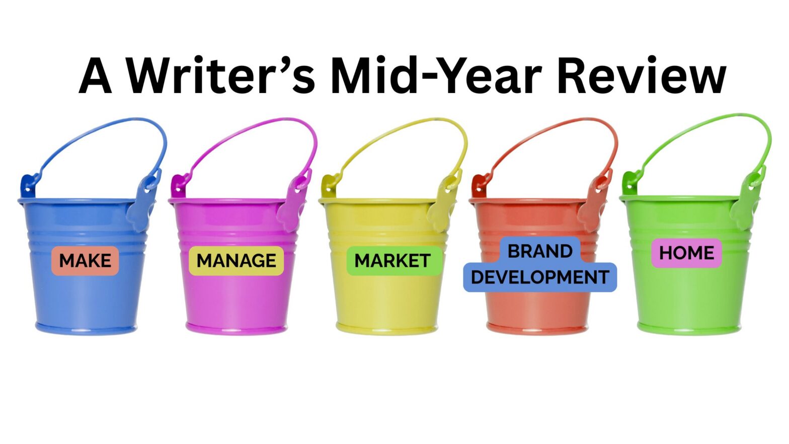 Illustration of five different colored buckets in a row titled A Writer's Mid-Year Review The blue bucket is labeled Make, the pink one is Manage, the yellow one is market, the orange one is brand development, and the green one is home.
