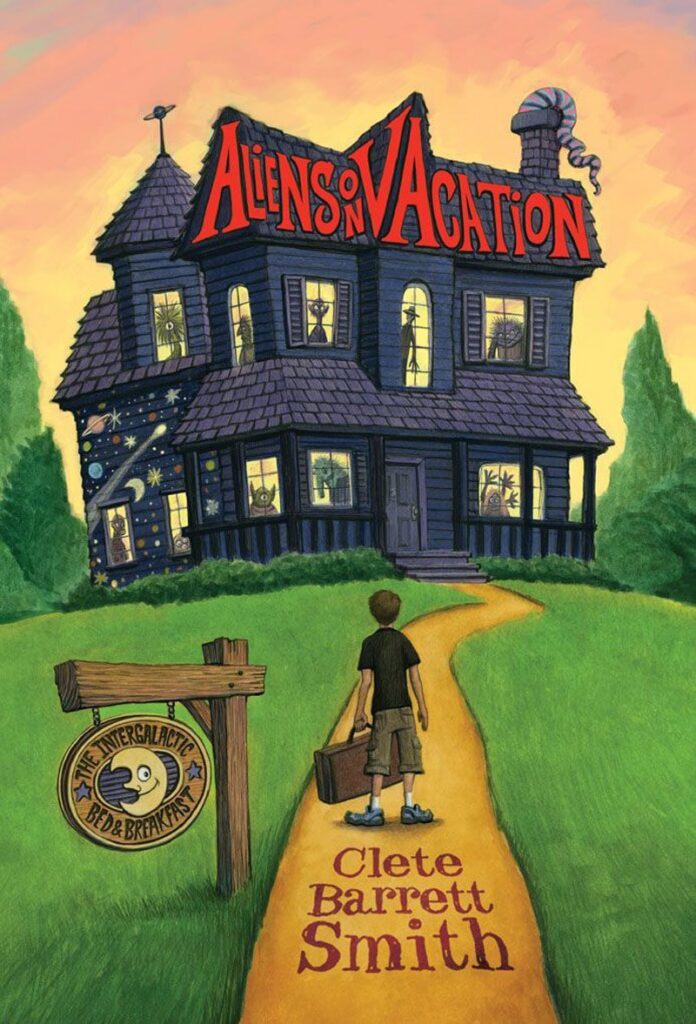 The cover of Aliens on Vacation by Clete Barrett Smith is an illustration of a young boy carrying a suitcase standing on a pathway. Beside him is a sign that reads the Intergalactic bed and breakfast. In front of him is a large victorian house with the graphic representation of a galaxy on the side of the house. Every window is lit up and has an alien behind it. A thick tentacle is coming out of the chimney