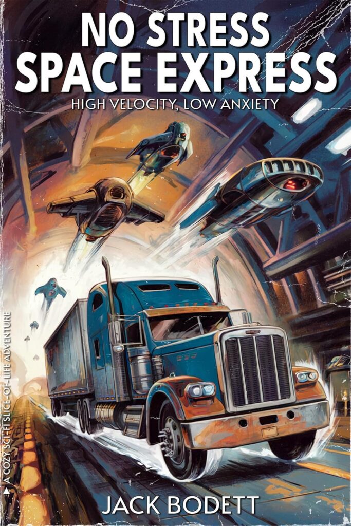 Cover of No Stress Space Express: High velocity, low anxiety by Jack Bodett shows a semi-truck appearing to move very fast accompanied by 3 spaceships overhead and more in the background. The truck is entering or exiting a very large rounded tunnel with large struts.