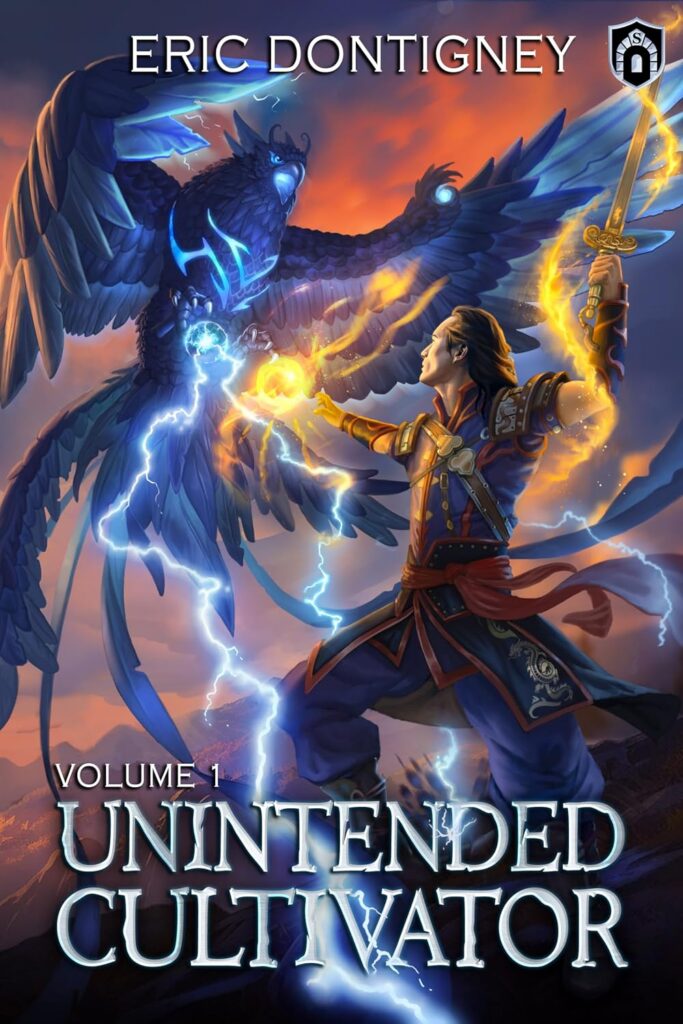 The Cover of Volume 1 Unintended Cultivator shows a man in a uniform that has an east-asia style, raising a sword that has a yellow "whisp" of magic curling down it and his left arm while tossing a golden orb with similar whisps of magic toward an extraordinarily large hawk-like bird with it's wings and talons outstretched in battle with him. There's a blue circular symbol between the bird's legs that has blue lightening bolts cracking at the hero. 