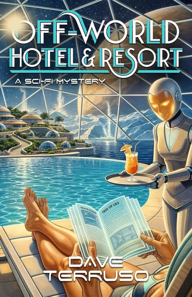 The cover of Off-World Hotel & Resort, a sci-fi mystery by David Terruso is an illustration that shows a female pair of arms holding reading material, her legs stretched out on a lounge chair being served a drink with an umbrella by a female robot. The "sunbather's" position is at the edge of a pool with a view of a terrace of domed buildings, beyond those buildings is a transparent dome rising above them all and giving them a view of a frozen landscape, a planet beyond that and a sun shining from the top left of the cover.