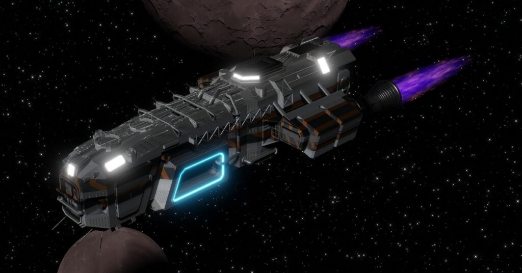 Representing the space opera genre is this image of black outer space with stars and a moon and a planet in the background. In the foreground a blunt-nosed spaceship with a neon-blue light around a trapezoid-shaped window, with pink and blue flames issuing from the twin rocket engines is traveling from upper right to lower left.