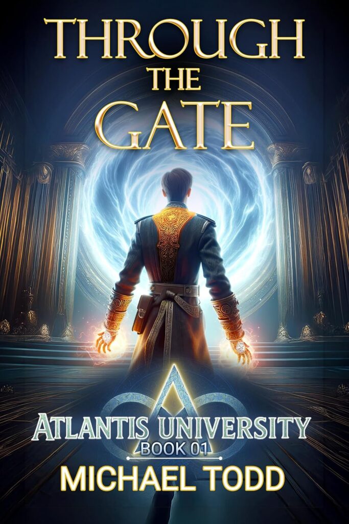 The cover of Through the gate has a young man in the center, standing with his back to us. He wears a uniform with a gold and red triangular piece that reaches from each shoulder to the middle of his back. He is raising his arms from his side and magic glows from each. He faces a huge arched gate with columns on both sides. Beyond the gate a white blue swirl of magic fills the gate