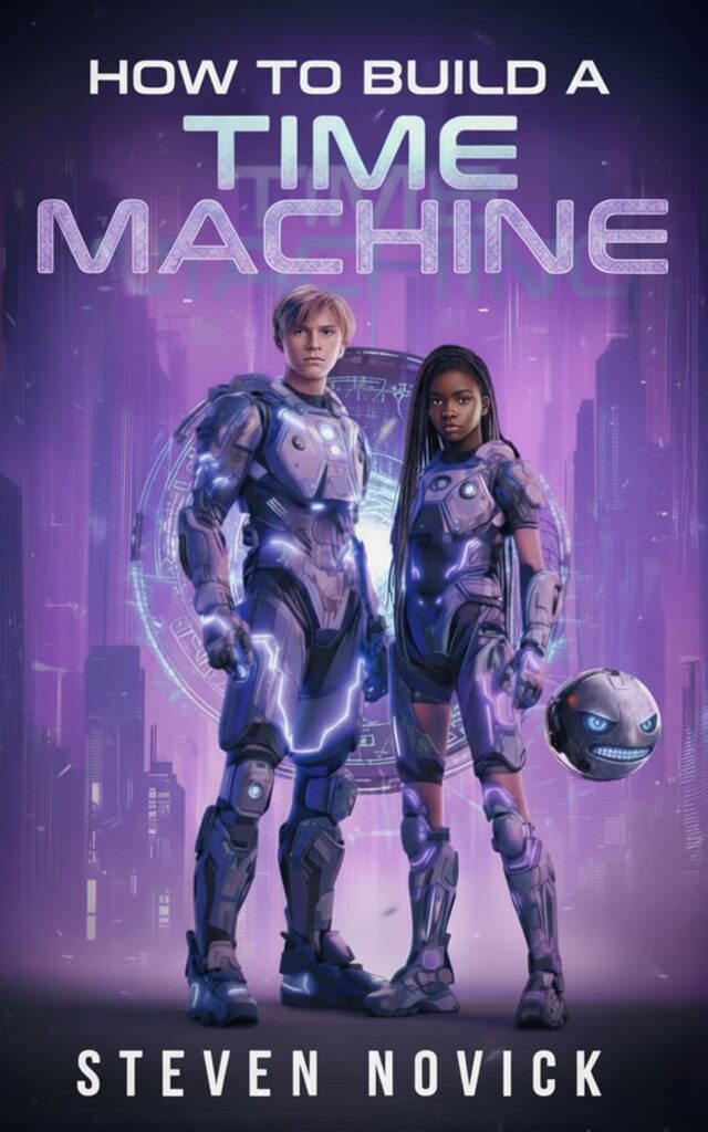 The cover of How to build a time machine has a background illustration, mostly in shades of purple with a lighter pinkish-purple in the center, of the silhouettes of tall city buildings. In the foreground stand two young people, a male with pale skin and blonde hair and female with dark skin and hair. They wear armor and stare at the camera as if ready to fight behind them is blue circular lines with a white center as if they've come through a magic portal to the right of the girl is a floating orb with electric blue eyes and mouth-its expression is an angry grimace.