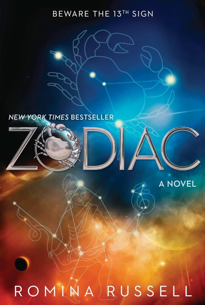 The cover of New York Times Bestseller, Zodiac has a deep blue background across the top and a yellow-orange across the bottom the shapes are organic with bright stars forming constellations. The constellations are mapped into shapes, a crab on top and a woman holding a snake on the bottom.