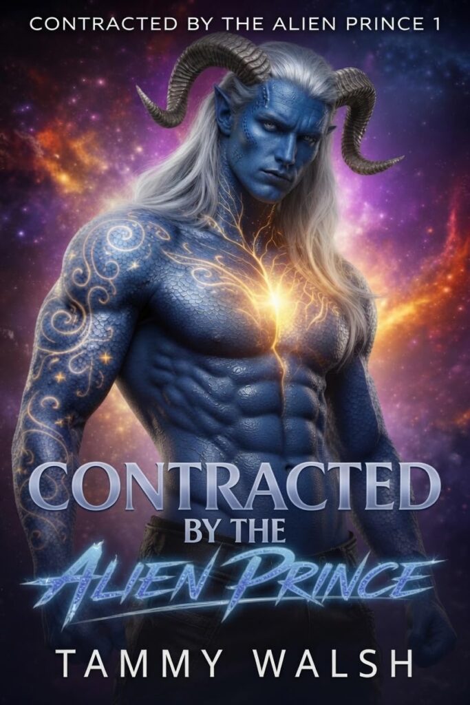 THe cover of Contracted by the prince by Tammy Walsh shows a view of a muscular male's head to hip view. He has curly ram-like horns on each side of his forehead, long blond hair, pointed ears, deep blue skin and gold scrolling tatoos acros his arms and mid chest that seems to glow/open in his mid chest. The star-studded sky behind him glows with purples, gold & orange.