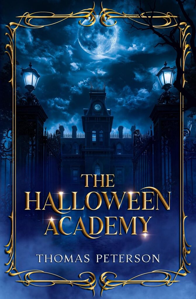 The Cover of The Halloween Academy by Thomas Peterson is in shades of blue and white and shows a view between two columns topped with glowing gas-styled lamps, in the middle distance the dark silhouette of a tall wall with a central tower above a gate. A full moon and billowy clouds fill the sky. A gilt-look line with flourishes frames the view